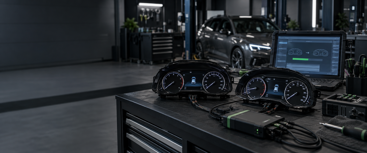 Kombiinstrument eines Fahrzeugs beim elektronischen Auslesen und Datenübertragen